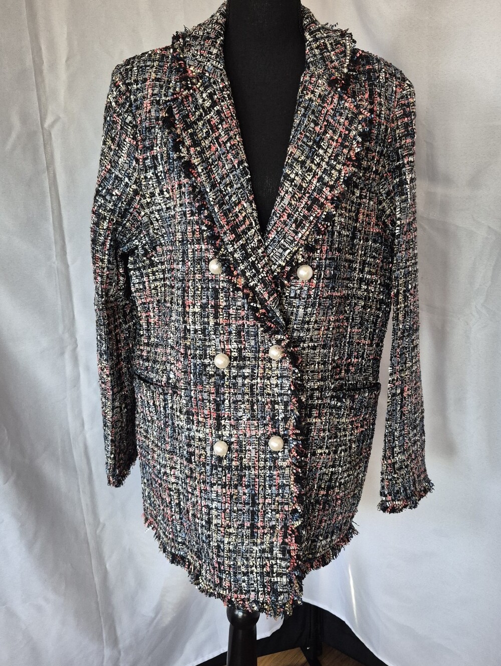 Classic Double-Breasted Tweed Blazer Coat in Multi-Color Pink Black